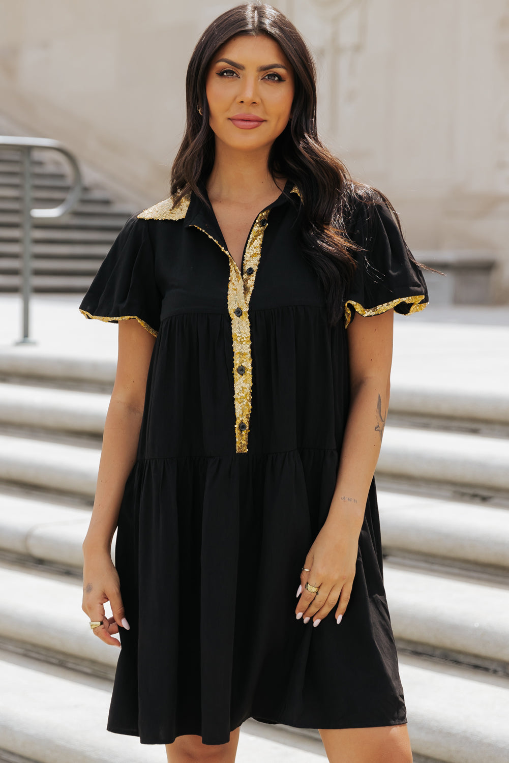 Black Sequin Trim Bubble Sleeve Game Day Shirt Dress