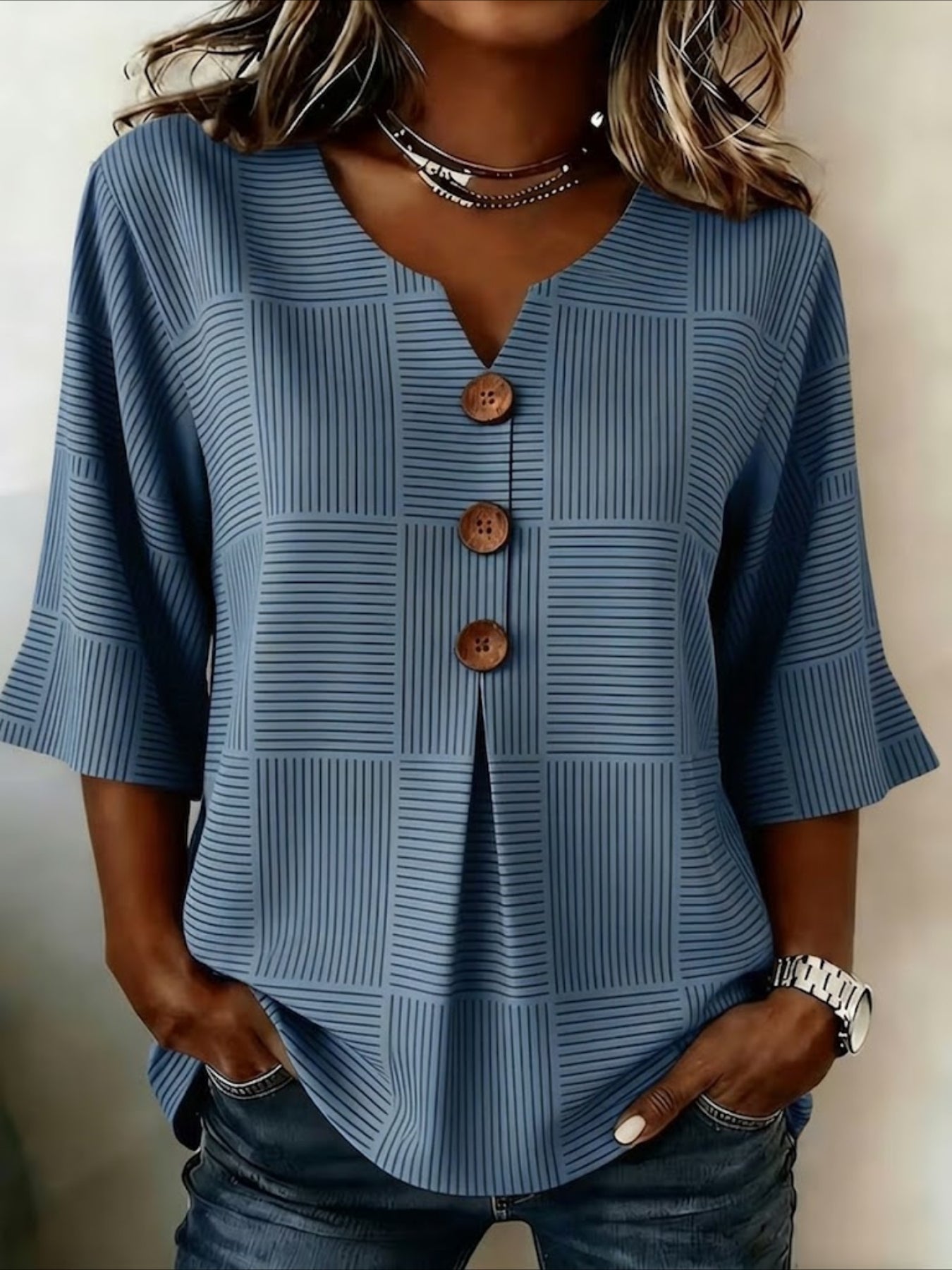 Striped V Neck Button Short Ruffle Sleeve Casual Top