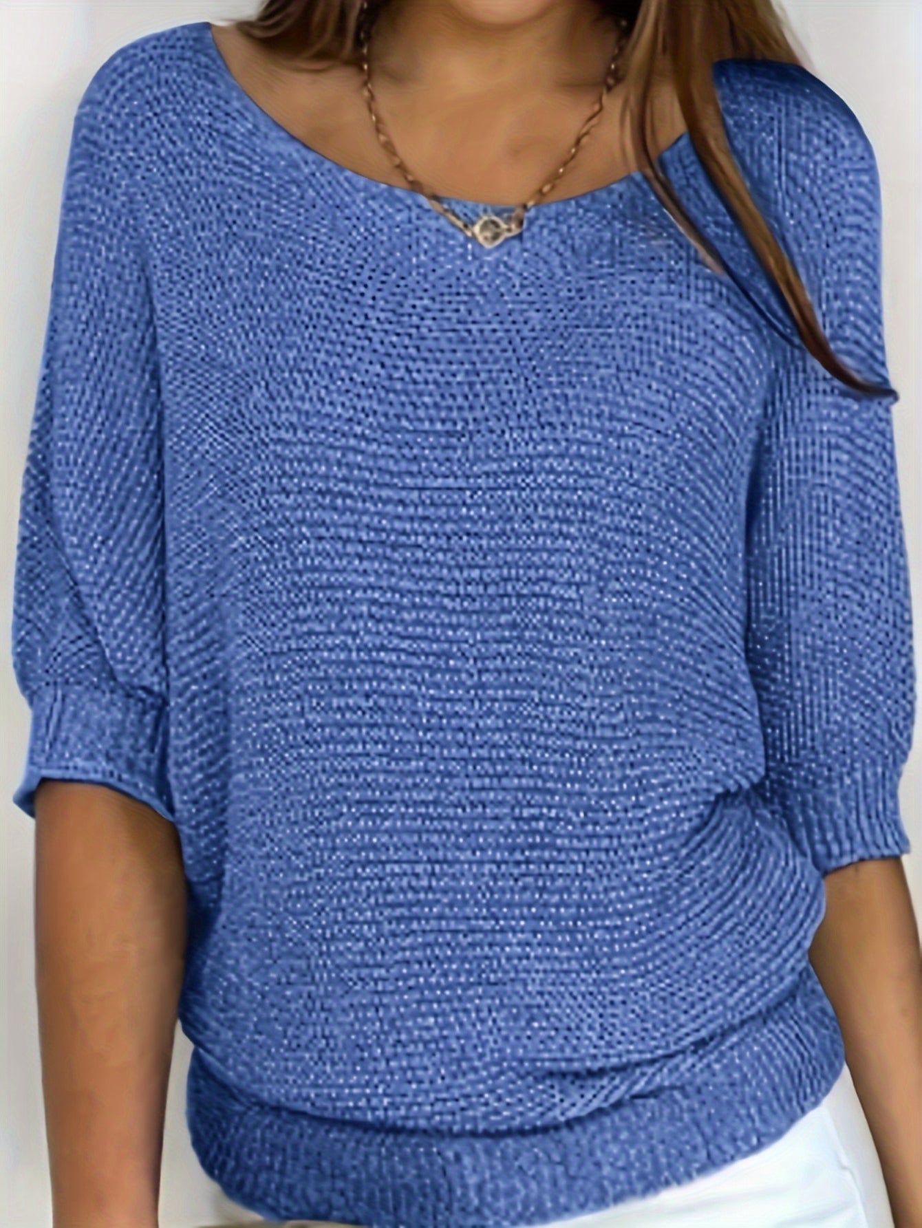 Solid Simple Knit Sweater, Casual Crew Neck 3/4 Sleeve Sweater