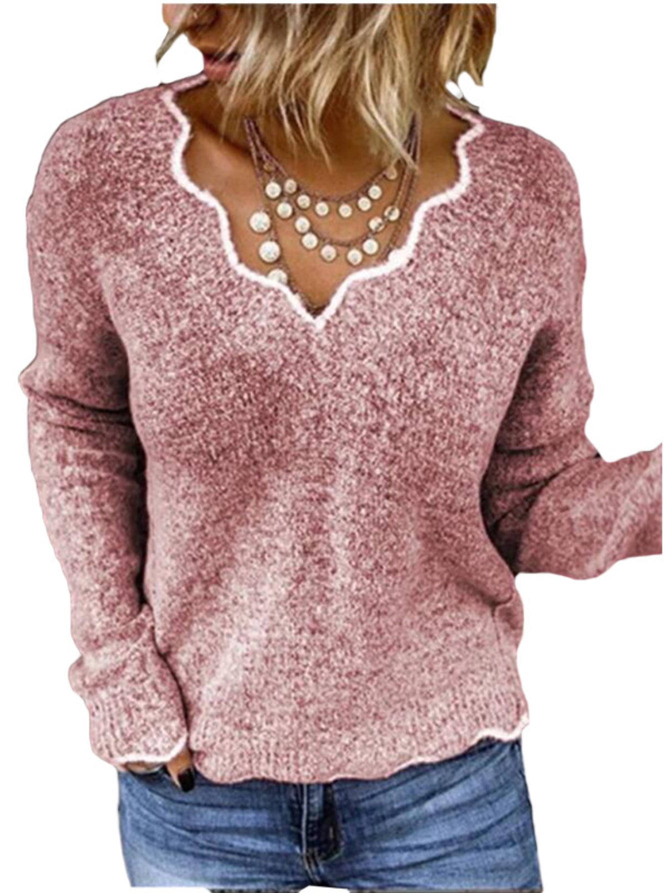 Scallop Trim Knit Sweater, Casual V Neck Long Sleeve Sweater