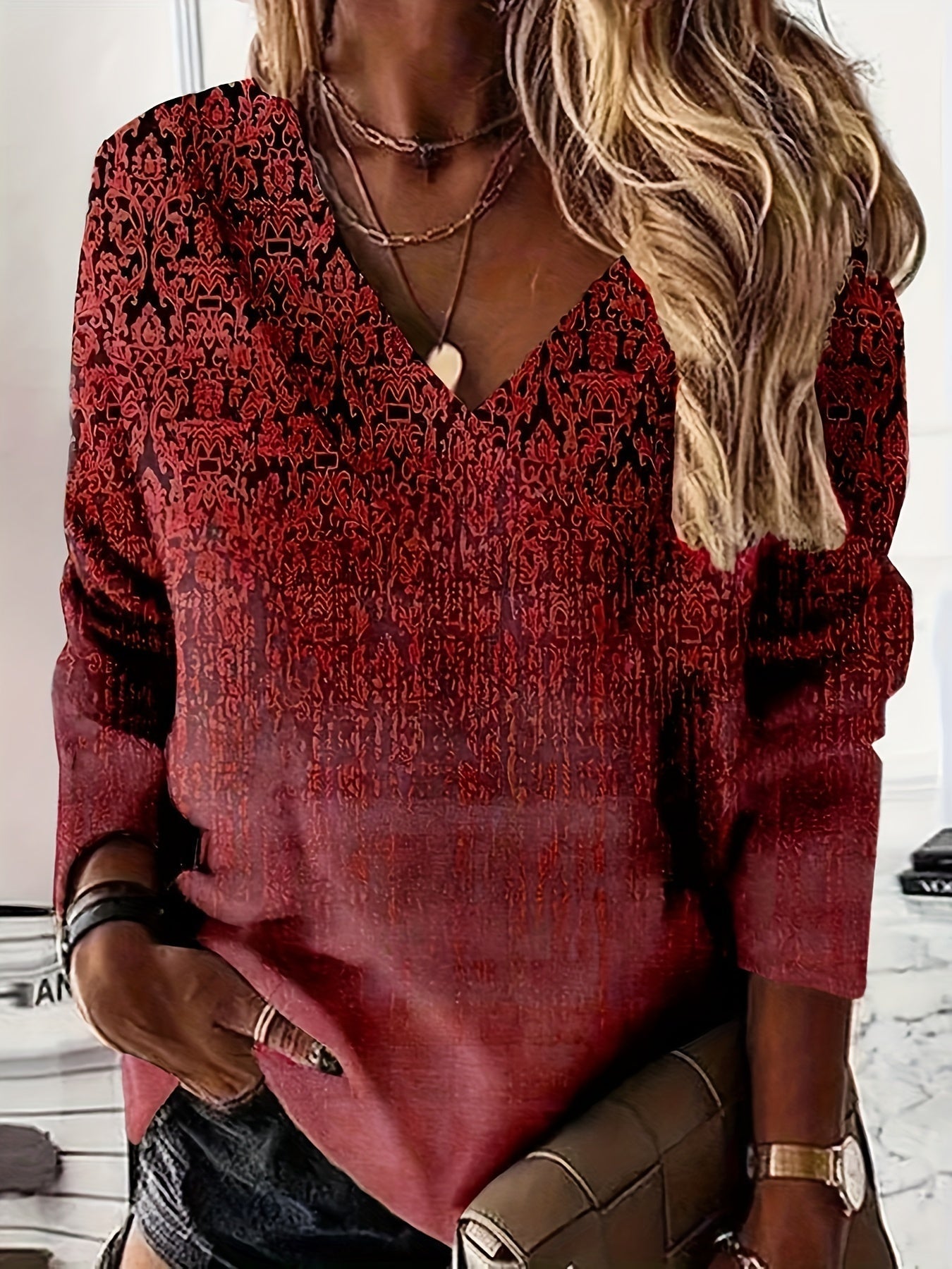 Floral Print Pullover Sweatshirt, Casual Long Sleeve V-neck Sweatshirt