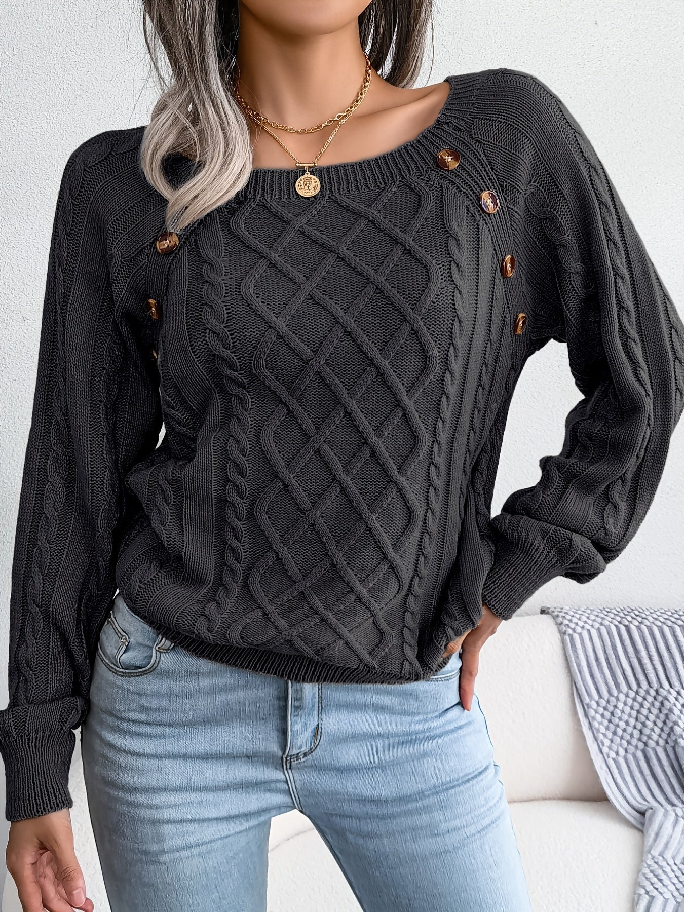 Cozy Women's Sweater with Textured Button Lantern Sleeves