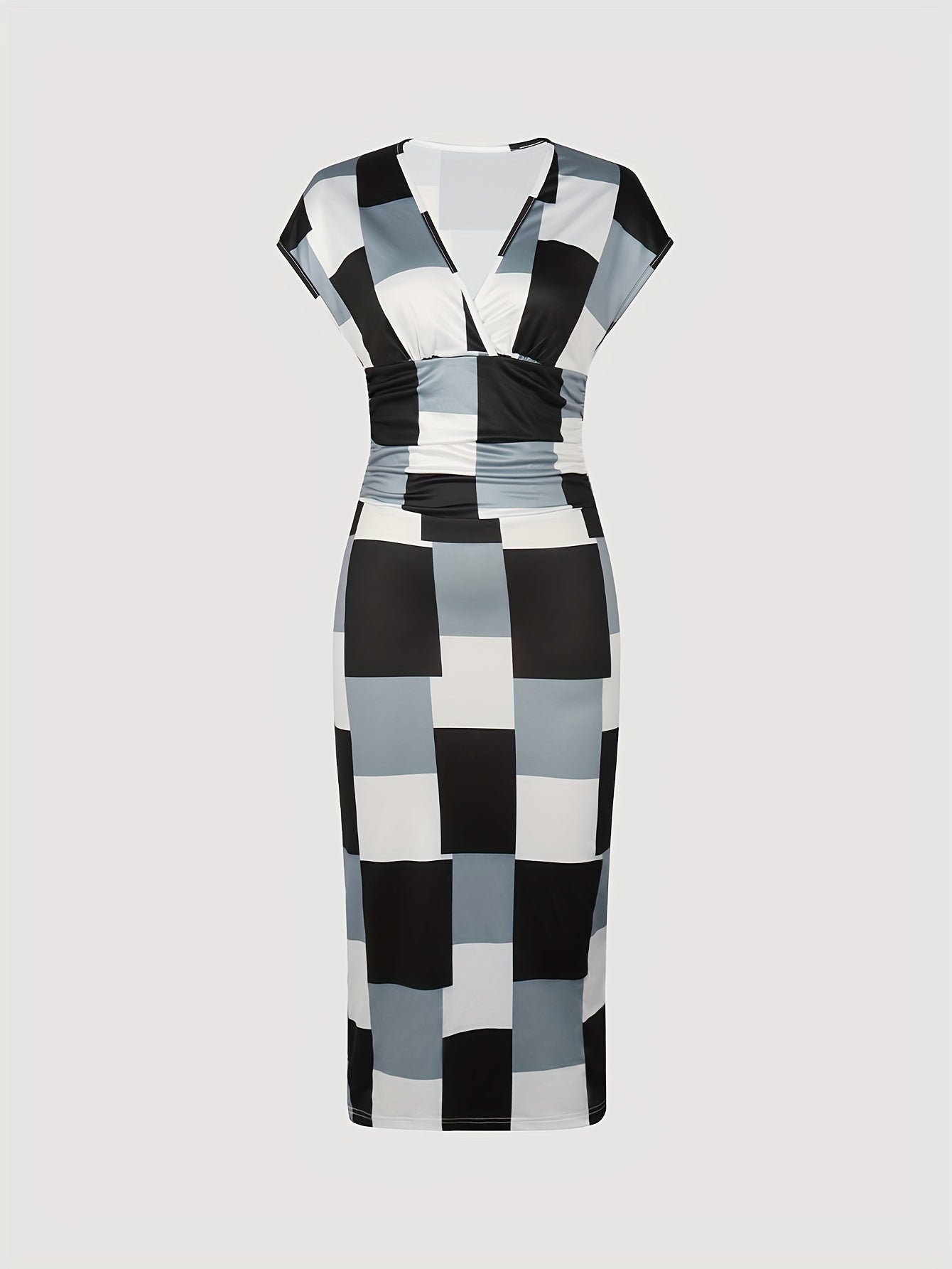 Patchwork Print V Neck Dress, Elegant Short Sleeve Dress