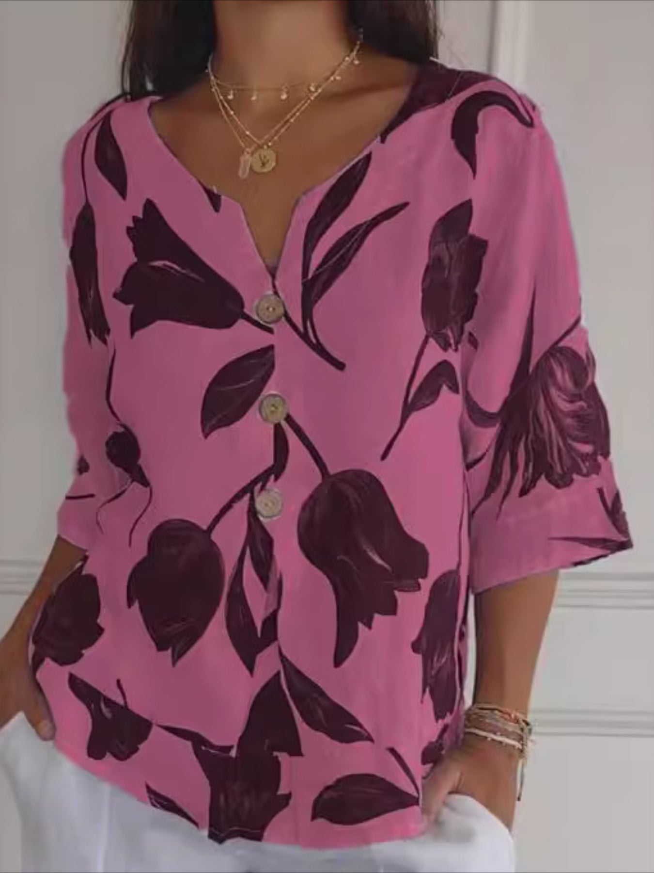 Floral Print Button Decor Blouse, Casual Notched Neck Top
