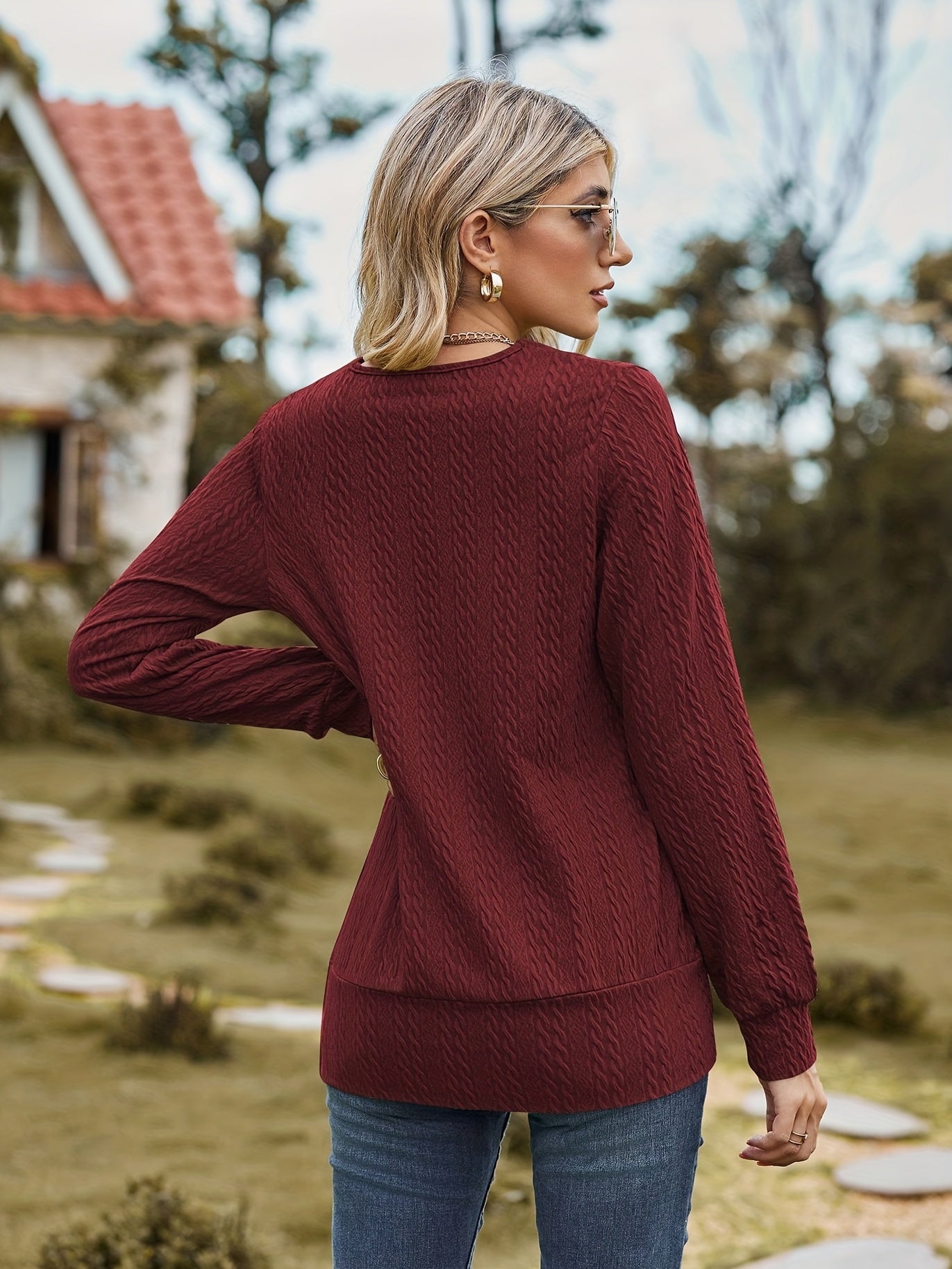 Women's Solid Cable Faux Twinset Long Sleeve Square Neck Slight Stretch T-shirt