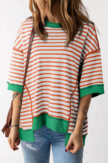 Orange Stripe Oversized Contrast Trim Exposed Seam High Low T Shirt