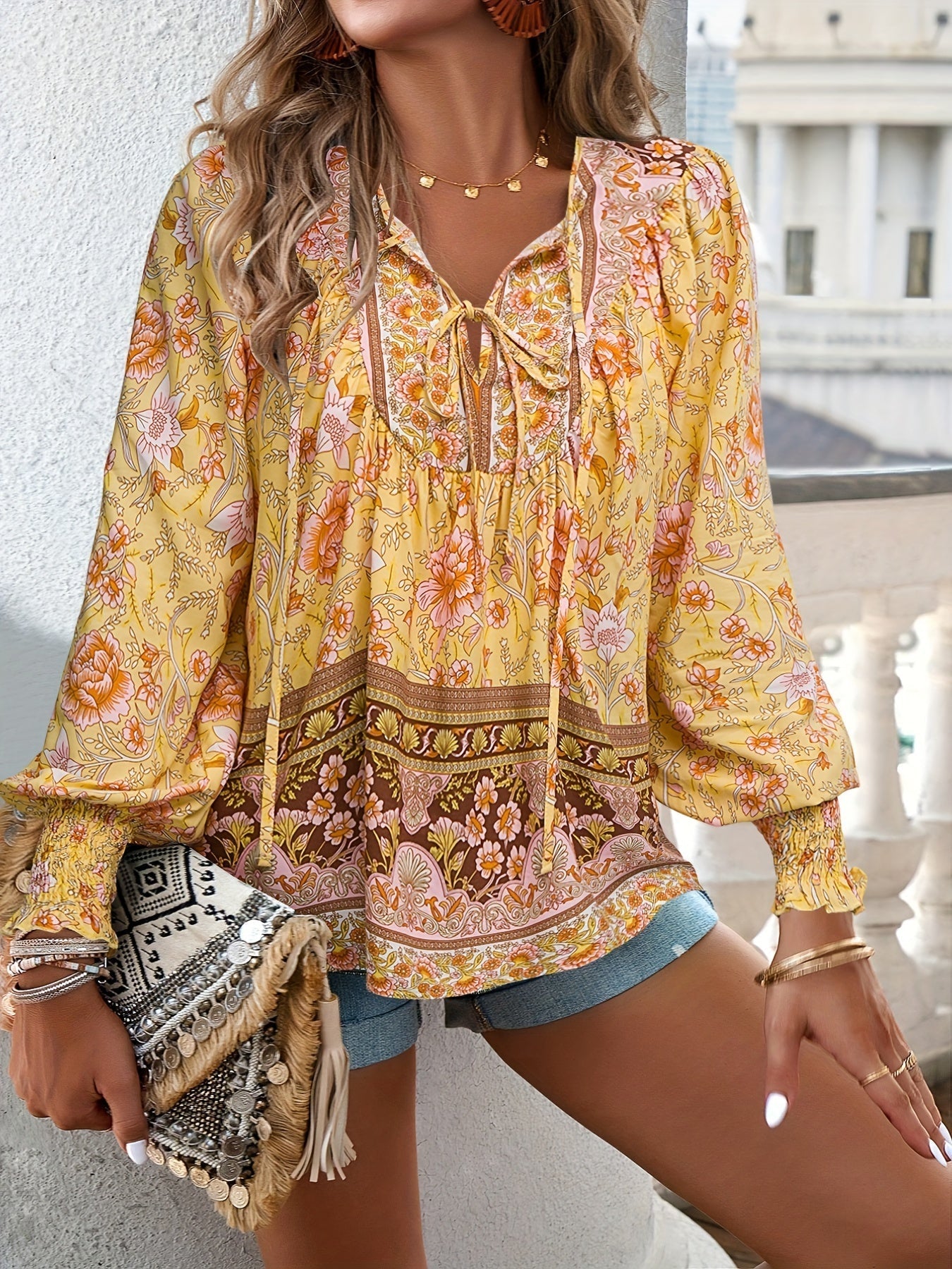 Drawstring Long Sleeve Casual Floral Print V Neck Blouse