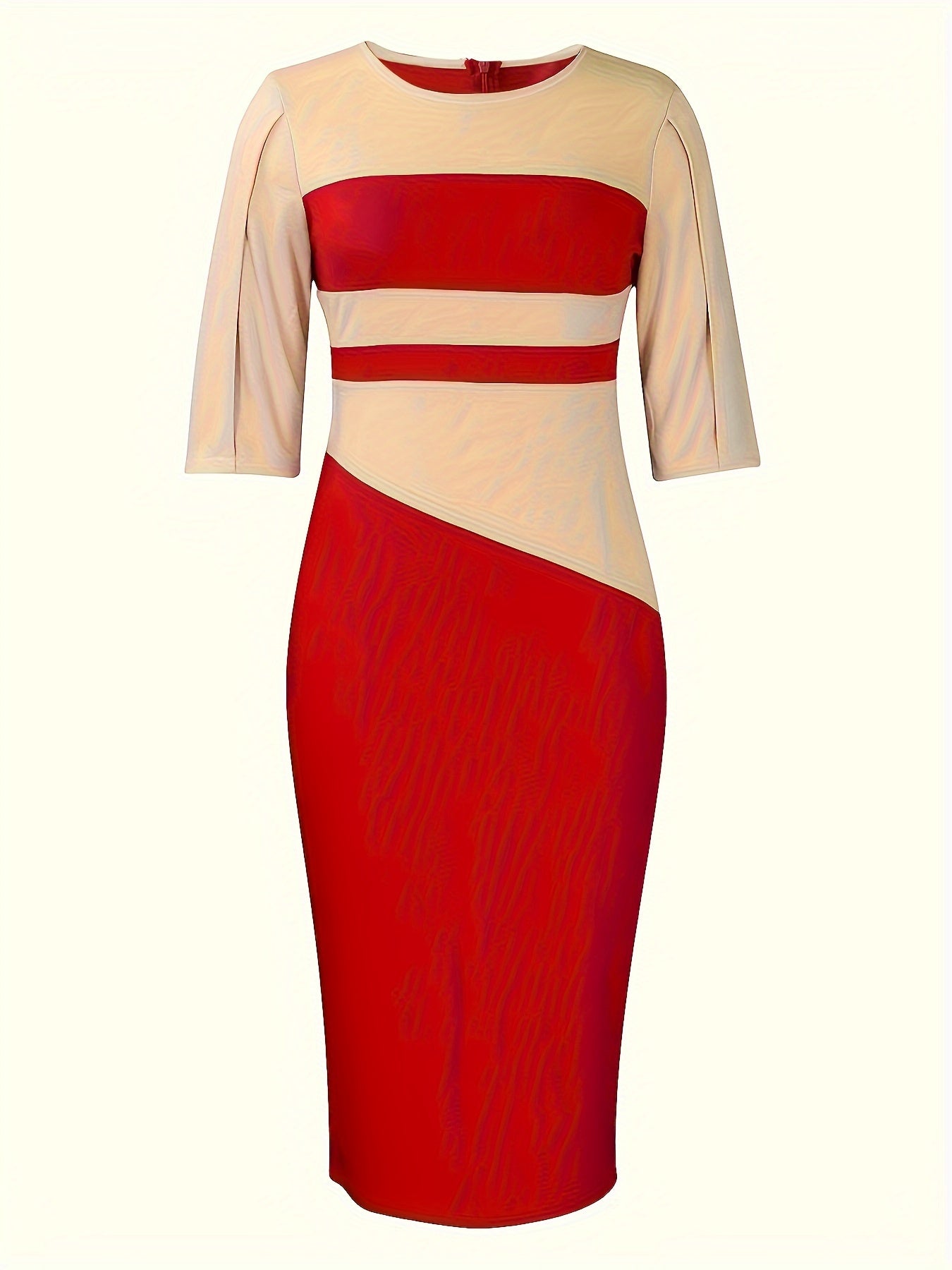 Color Block Simple Dress, Casual Crew Beck Bodycon Midi Dress