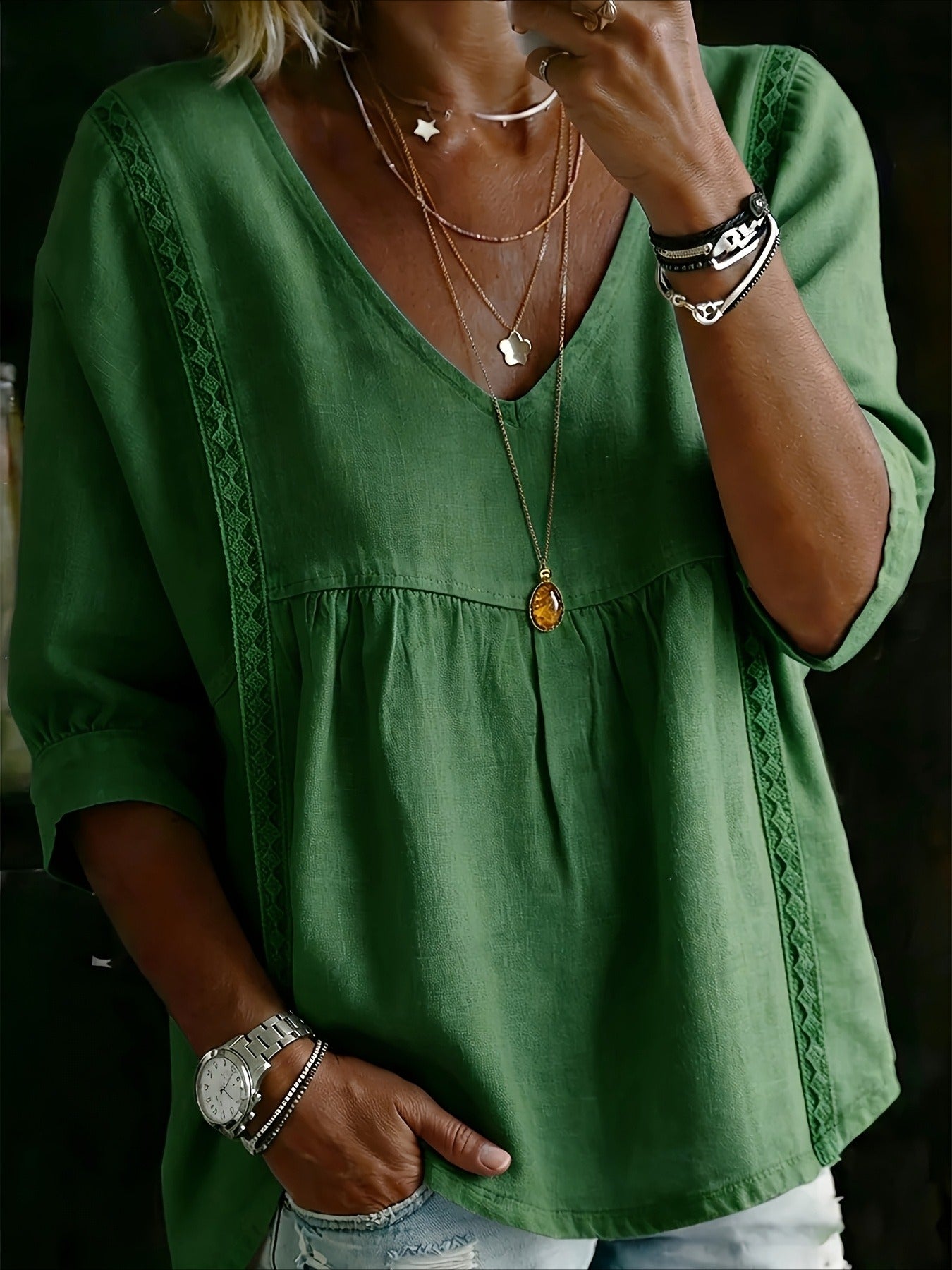 Casual Seven-Point Sleeve Lace V-Neck Pullover Multi-Color Tops