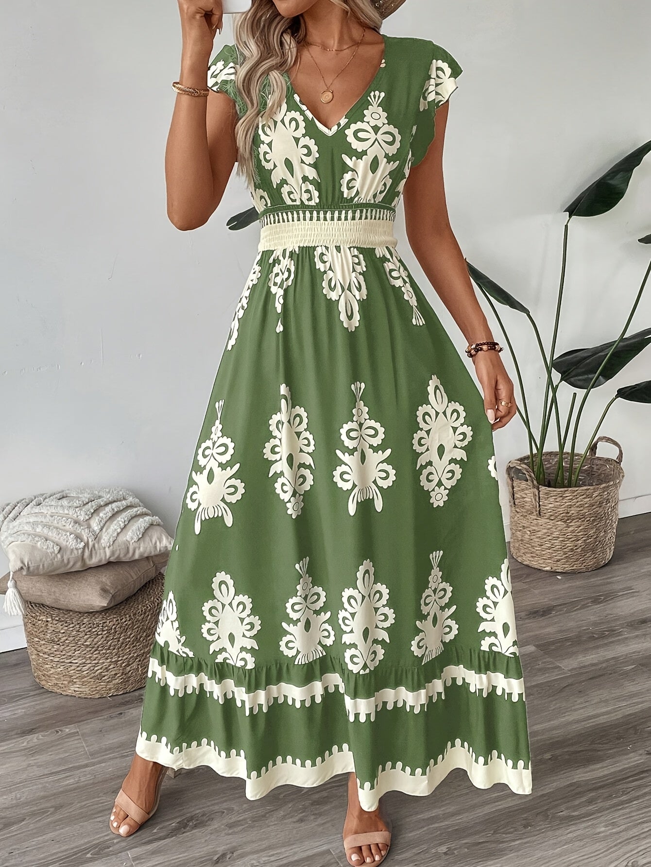 Women's Navy Blue Floral Print V-Neck A-Line Dress with Ruffled Cap Sleeves