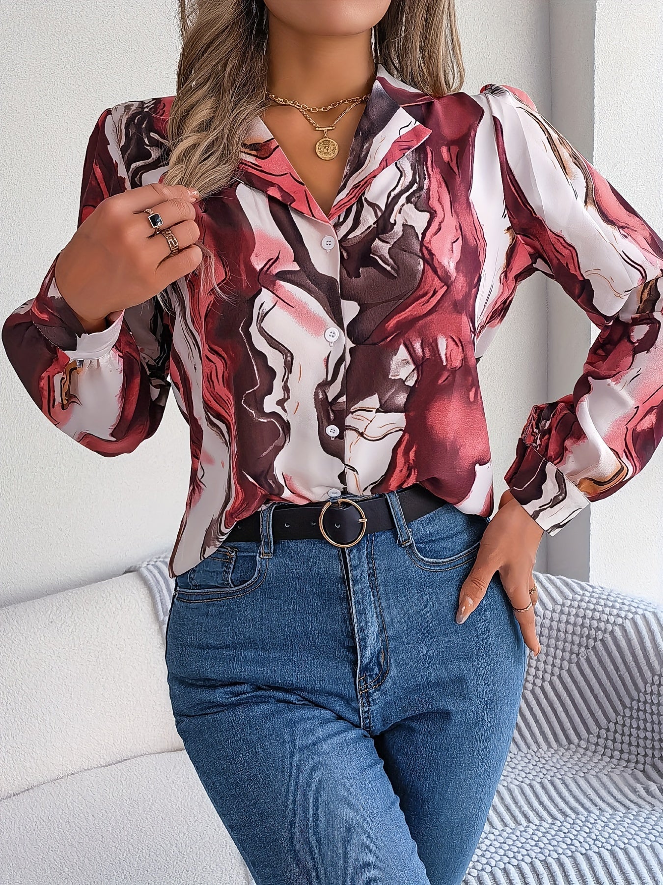 Graphic Print Button Front Shirt, Casual Long Sleeve Shirt