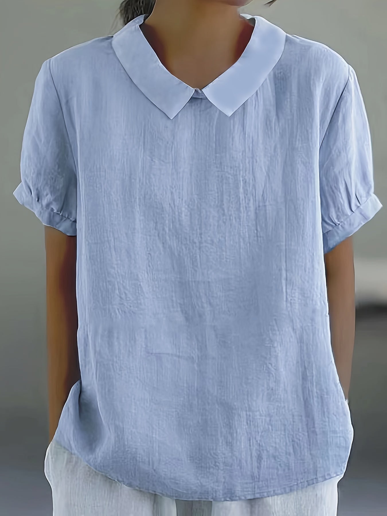 Solid Color Short Sleeve Blouse, Casual Flat Collar Keyhole Blouse