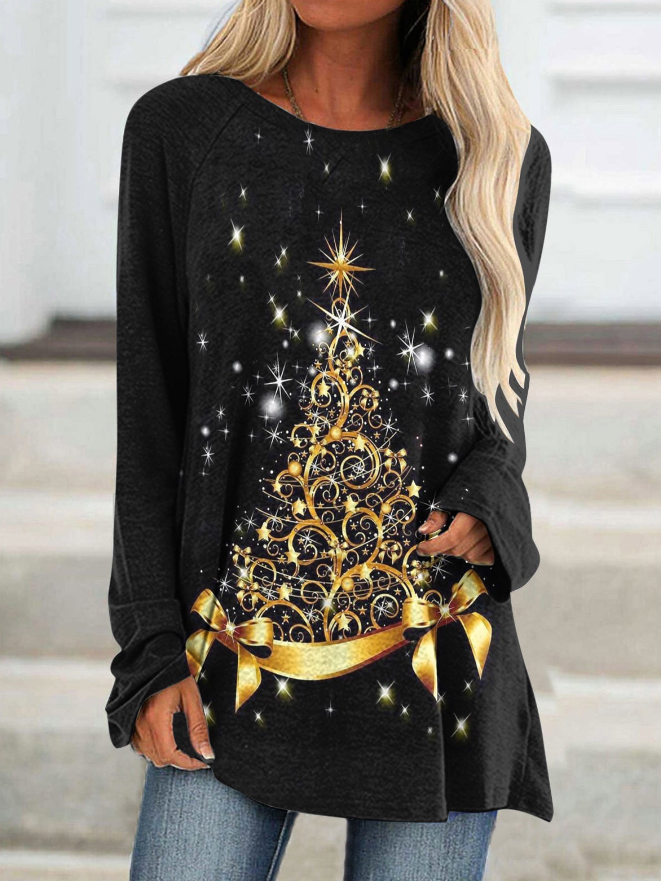 Christmas Casual Top, Women's Tree Print Long Sleeve Round Neck Medium Stretch Tunic Top