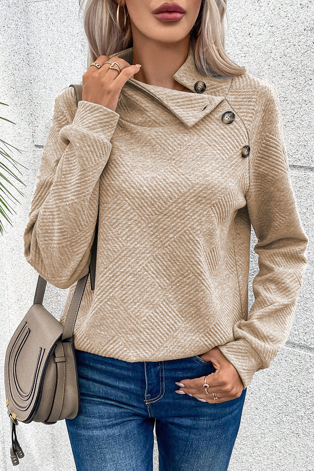 Apricot  Asymmetric Buttons Detail High Neck Textured Sweatshirt