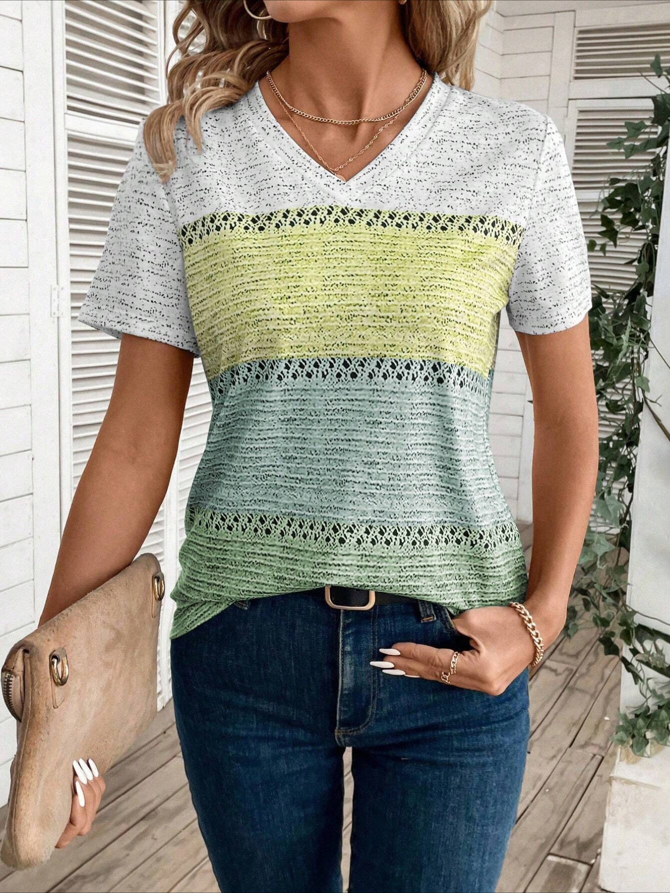 Color Block V Neck T-Shirt, Casual Short Sleeve T-Shirt