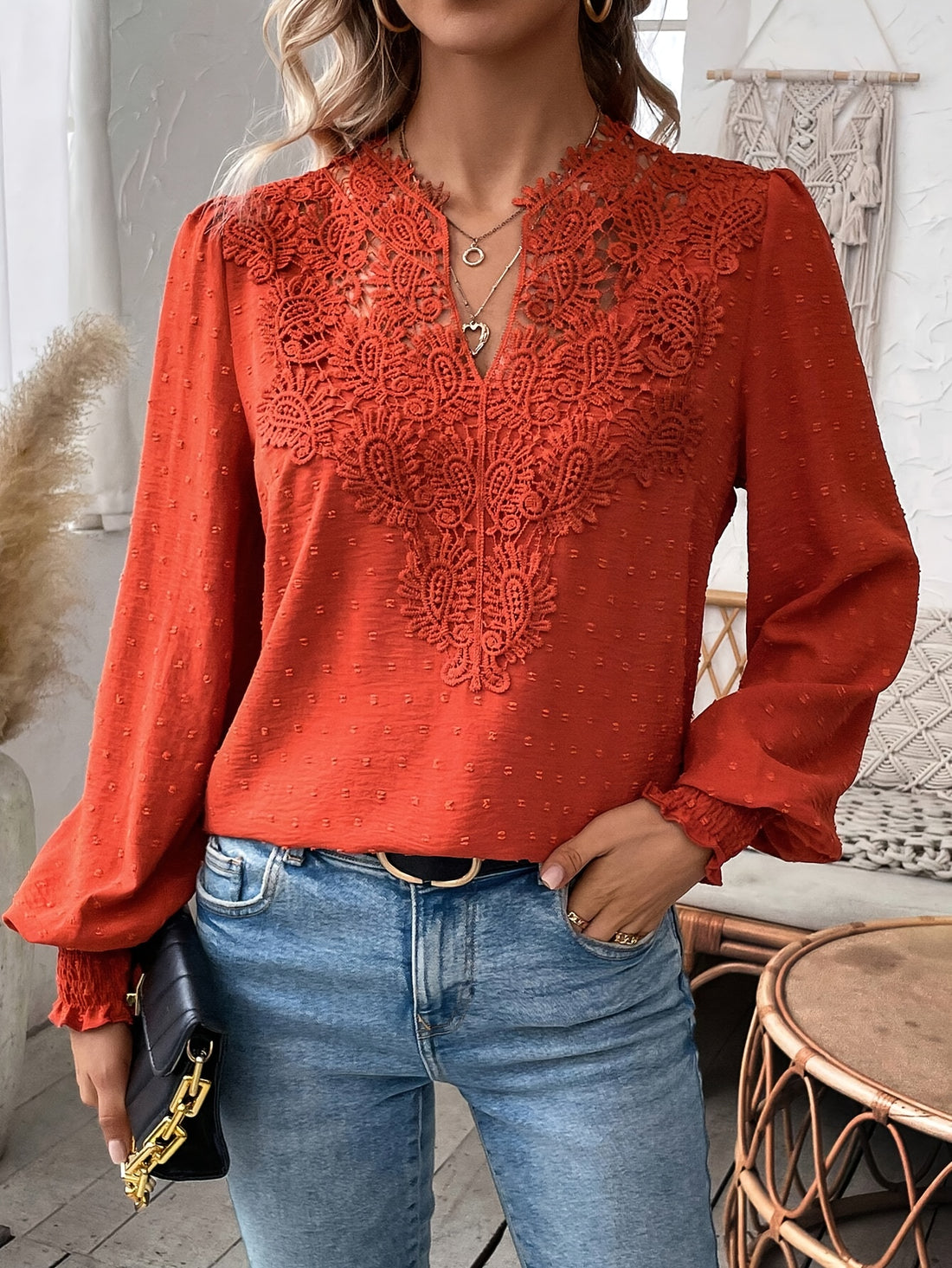 Lace Splicing Swiss Dot V-neck Blouse, Elegant Long Sleeve Blouse Top