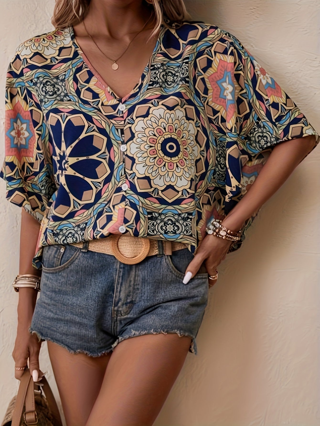 Floral Print V Neck Blouse, Elegant Short Sleeve Top