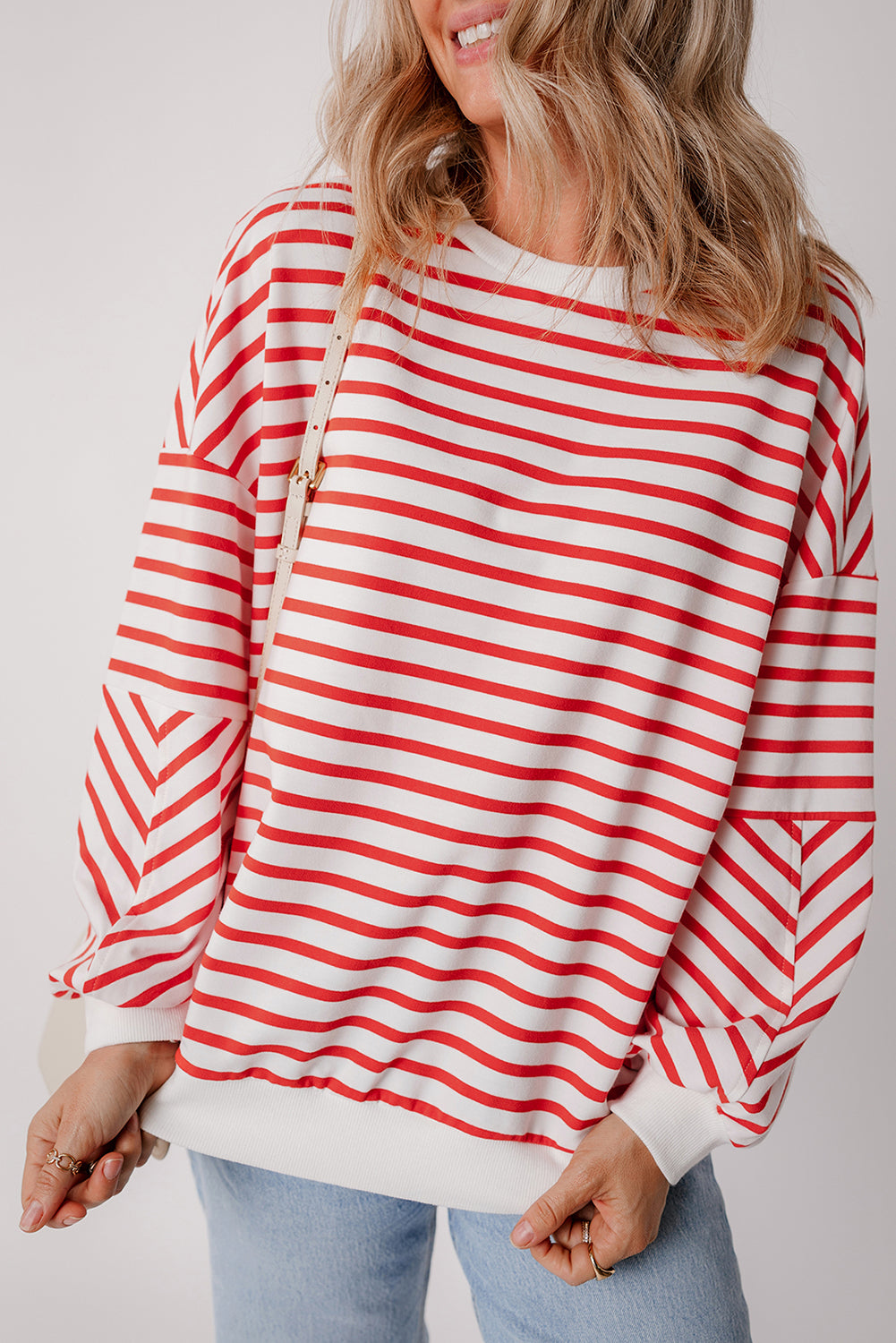 Orange Stripe Drop Shoulder Crew Neck Loose Sweatshirt