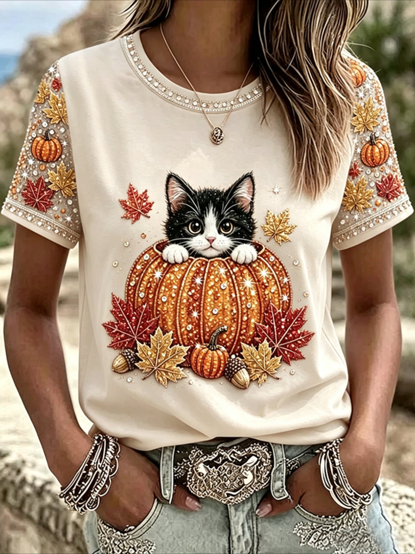 100% Cotton Casual Orange Maple Leaf Printing Crew Neck Short Sleeve T-shirt