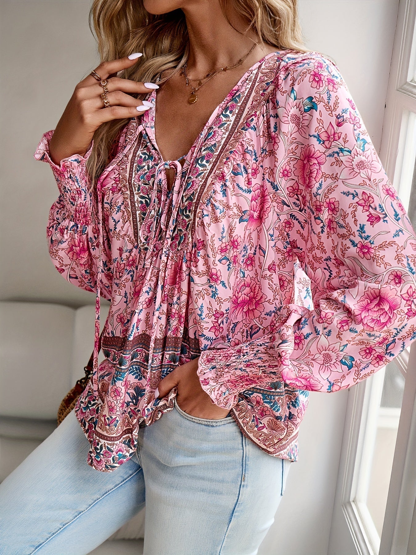 Drawstring Long Sleeve Casual Floral Print V Neck Blouse