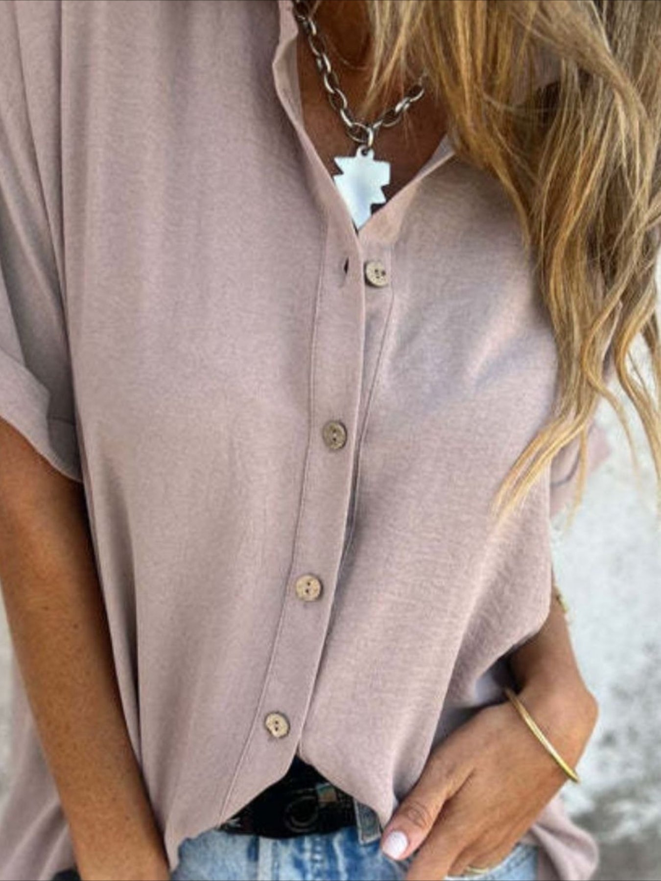 Casual Button Collared Short Sleeve Tunic Tops with Pocket