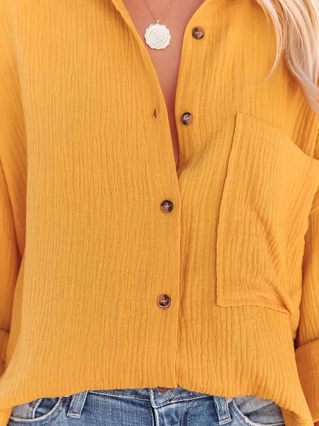 V-neck Loose Lapel Blouses, Casual Pocket Button Down Long Sleeve Fashion Shirts Tops