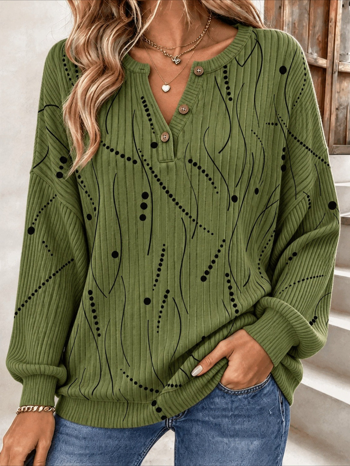 Regular Fit Casual Henley Collar Abstract Stripes Sweatshirt