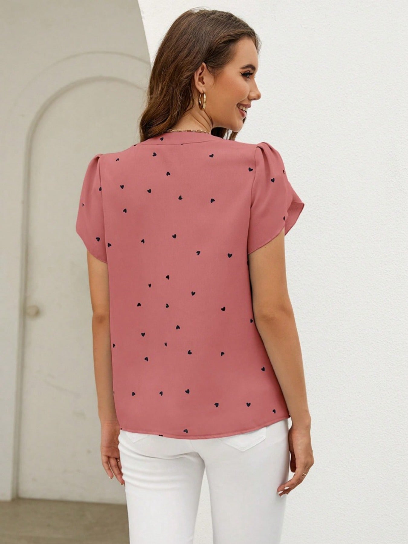 Short Sleeve Shirt With Heart Print And Petal Hem