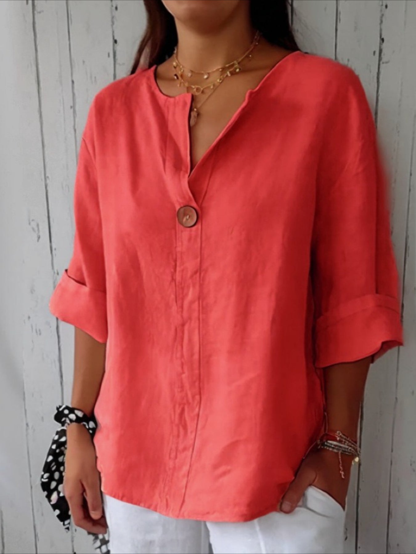 Cotton Linen Loose V Neck Casual Blouse