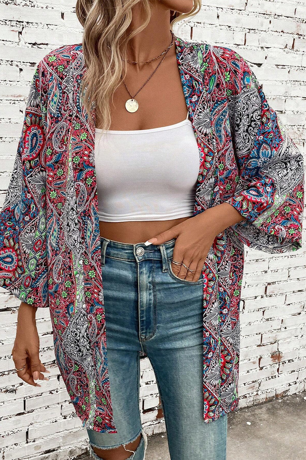 Red Paisley Print Open Front Kimono