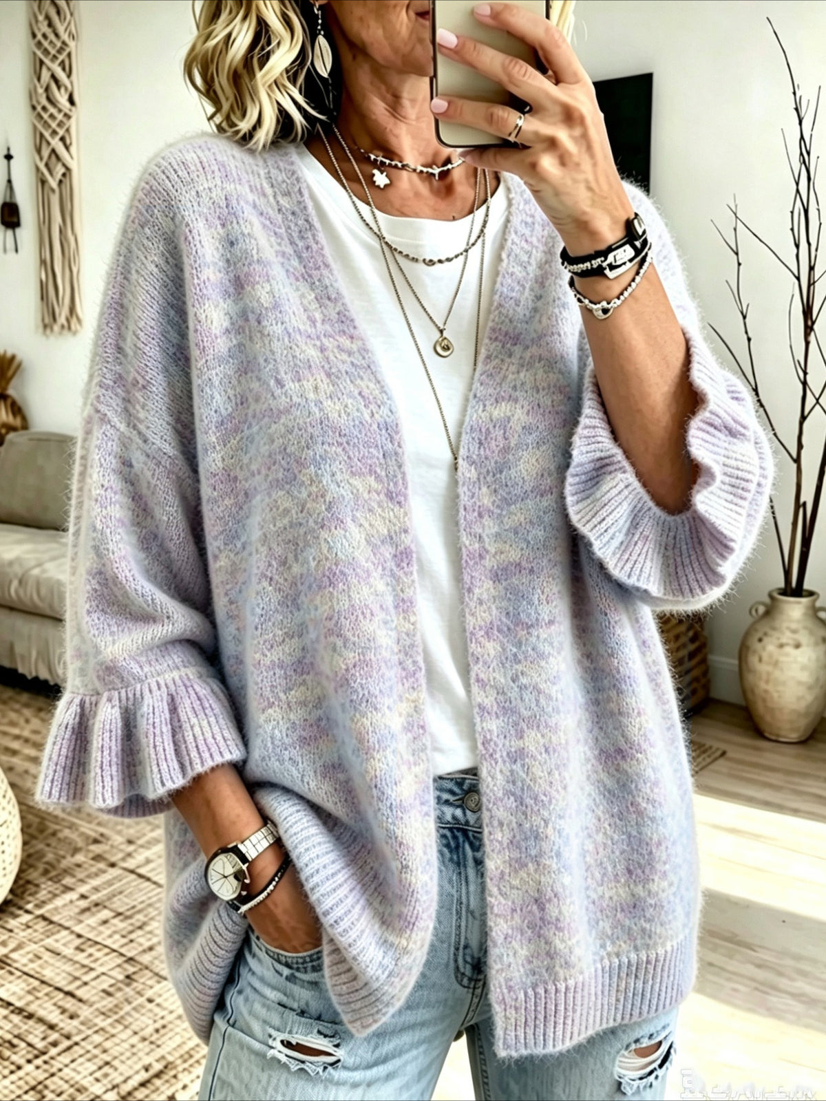 Open Front Ruffle Sleeve Knit Cardigan