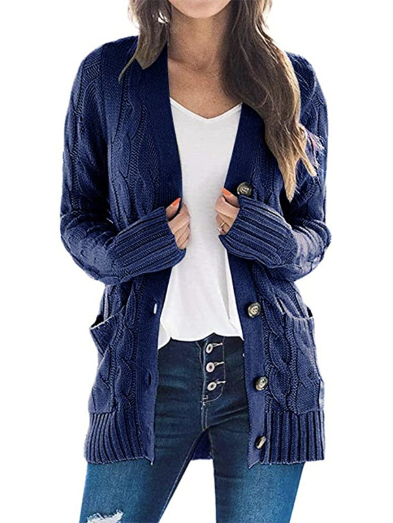 Cable Knit Button Front Cardigan, Casual Solid Long Sleeve Cardigan