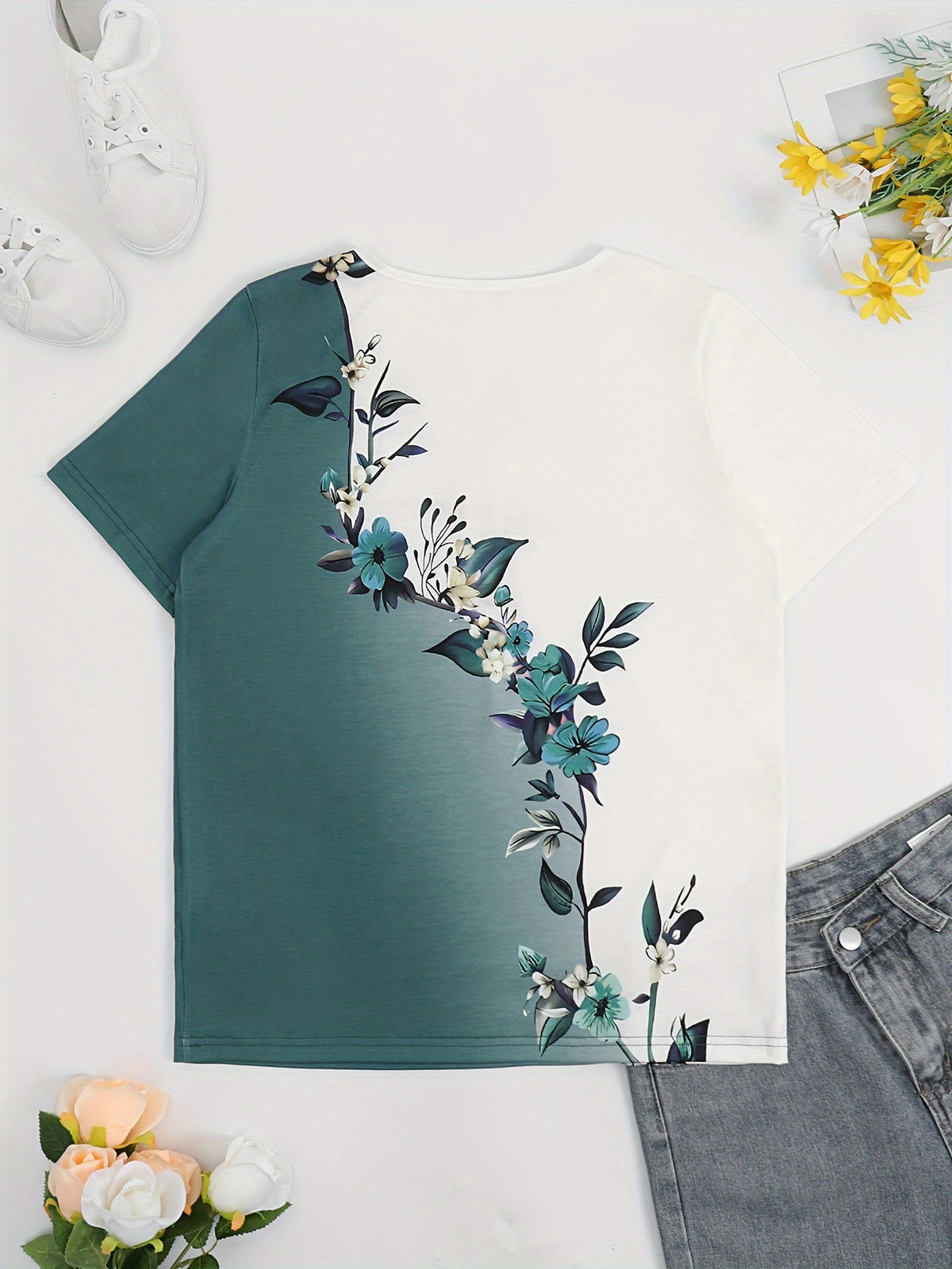 Vintage Notched Neck Floral Print Color Block T-Shirt
