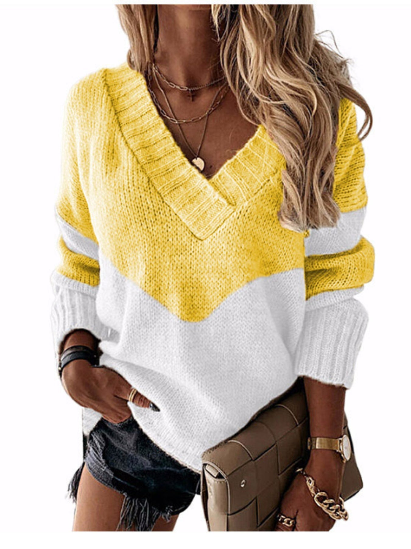 Color Block Simple Knit Sweater, Casual V Neck Long Sleeve Sweater