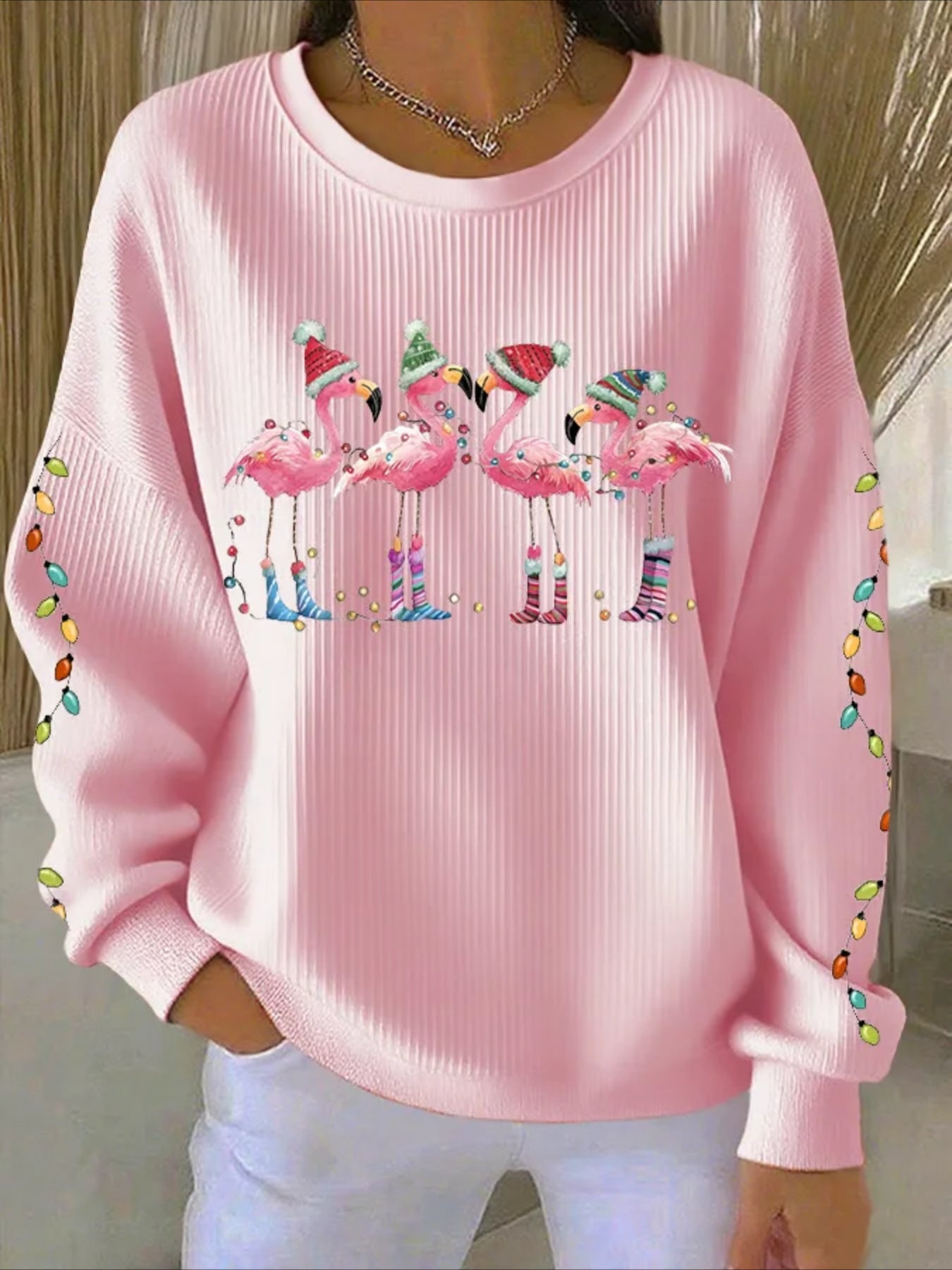 Christmas Printed Crew Neck Floral Long Sleeve Sweater Hoodie