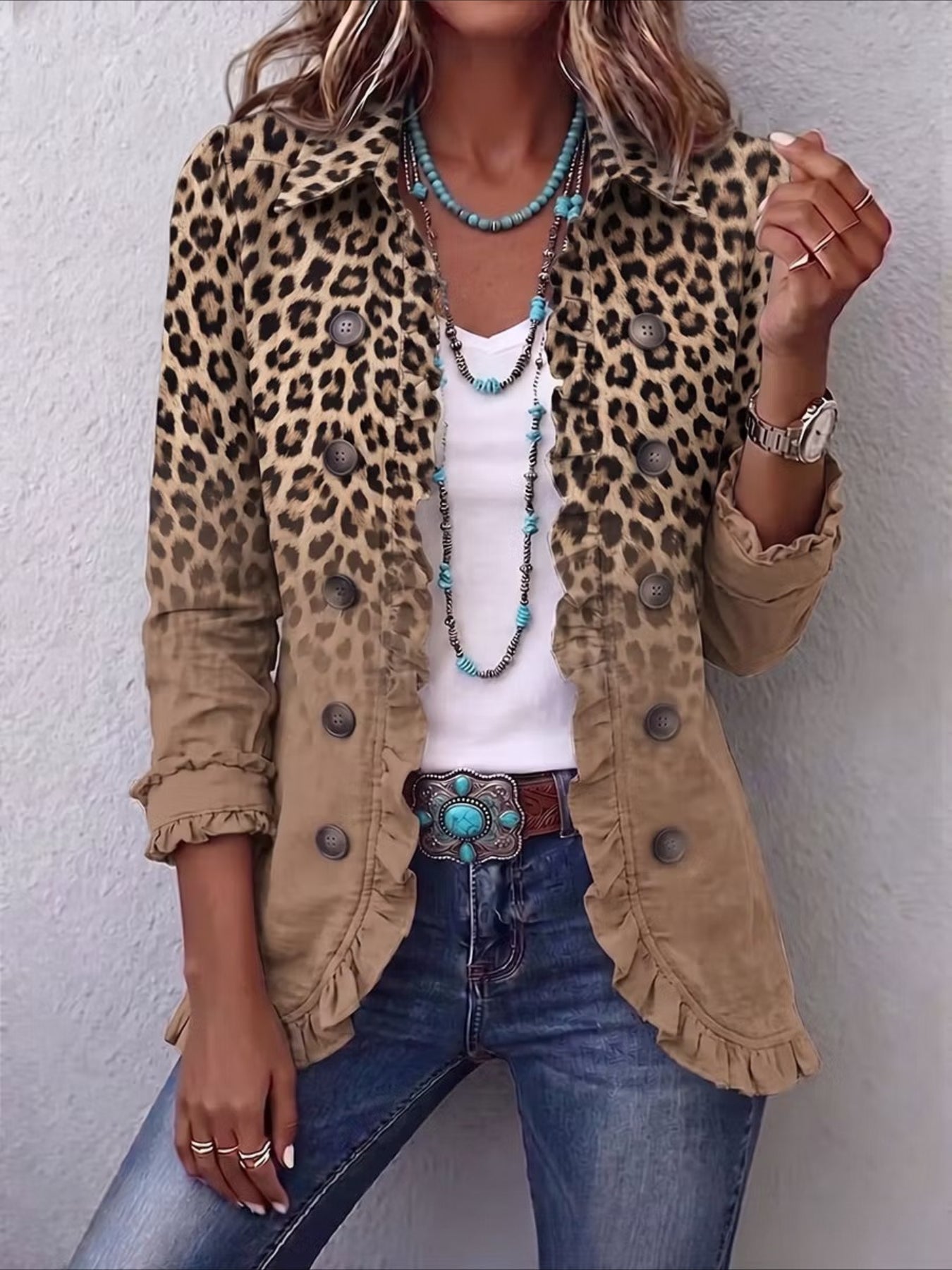 Leopard Pattern Print Long Sleeve Ruffle Edge Open Button Cardigan Coat