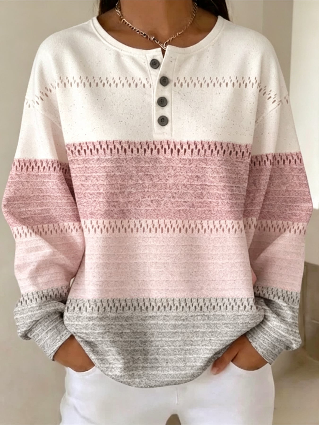Pullover Loose 4 Button Minimalist Geometric Top