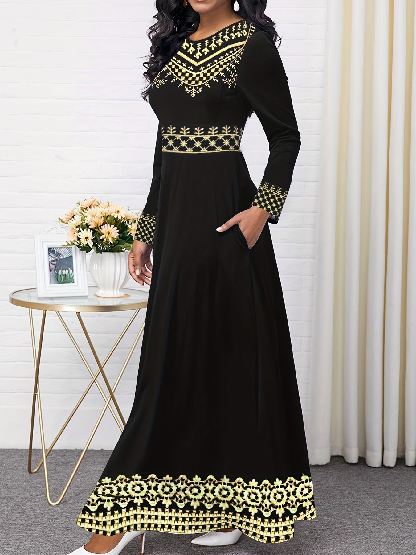 Vintage Print Long Sleeve Elegant Dress, Crew Neck Long Sleeve Dress