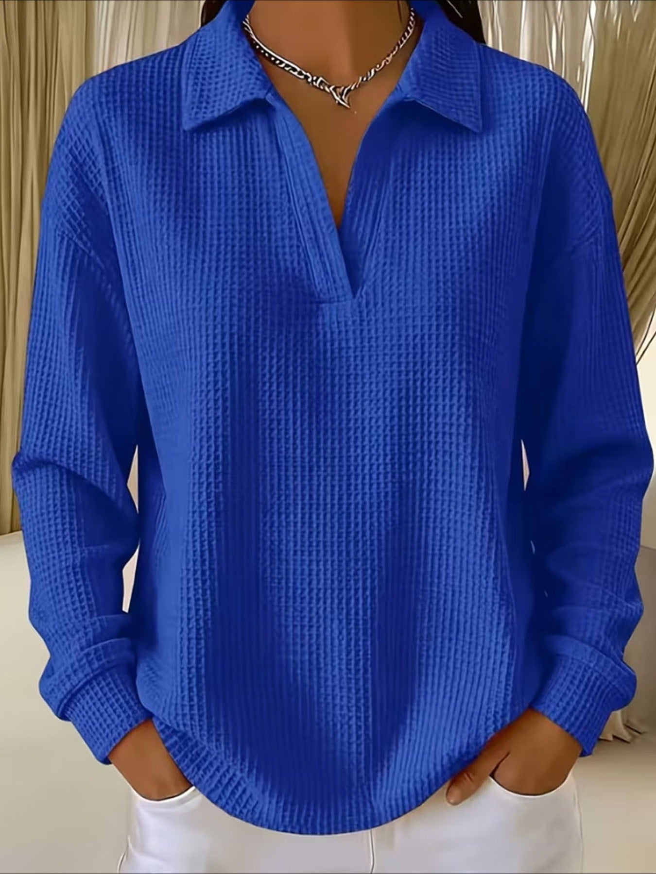 Waffle Lapel Neck Long Sleeve Polo Top