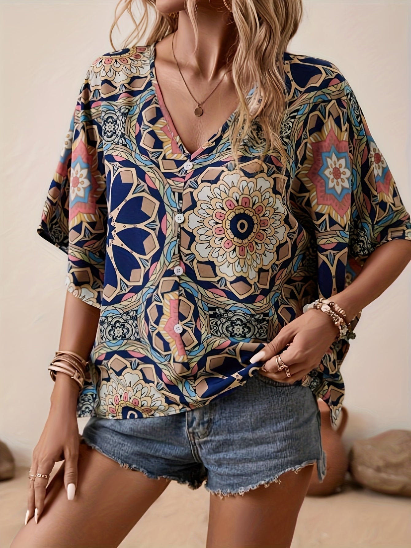 Floral Print V Neck Blouse, Elegant Short Sleeve Top