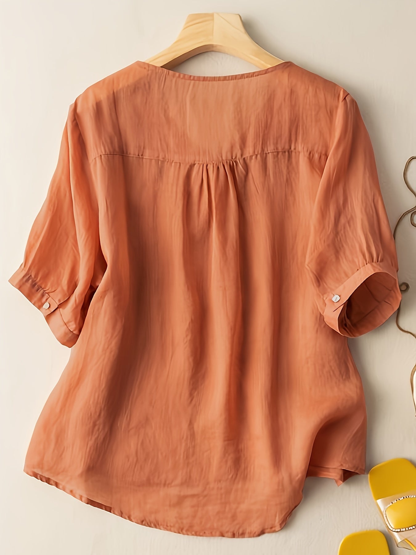 Floral Embroidery V Neck T-shirt, Vintage Half Sleeve Cotton Loose T-shirt
