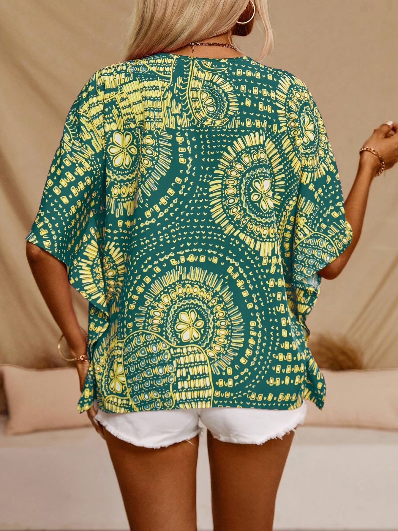 Mandala Print V-neck Blouse, Vacation Style Batwing Sleeve Top