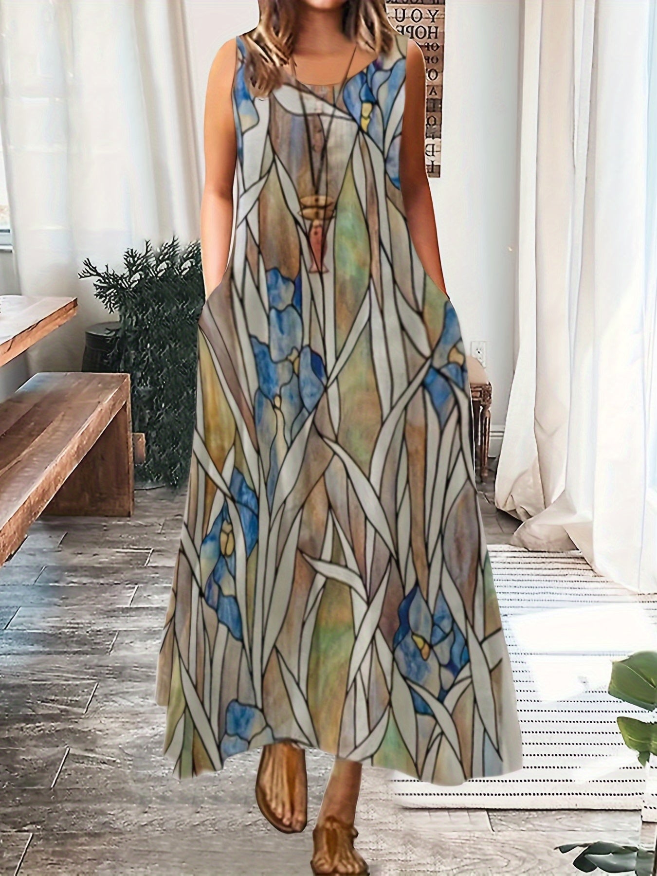 Flower & Leaf Print Sleeveless Round Neck Medium Stretch Maxi Cami Dress With Pockets