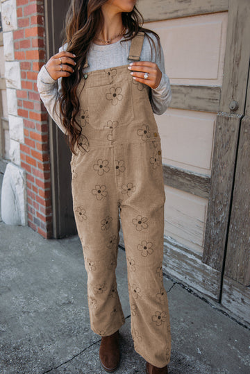 Khaki Flower Print Corduroy Overalls