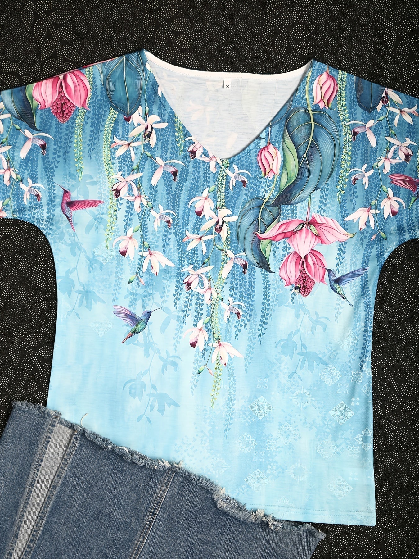 Floral Print V Neck T-Shirt, Short Sleeve Casual Top