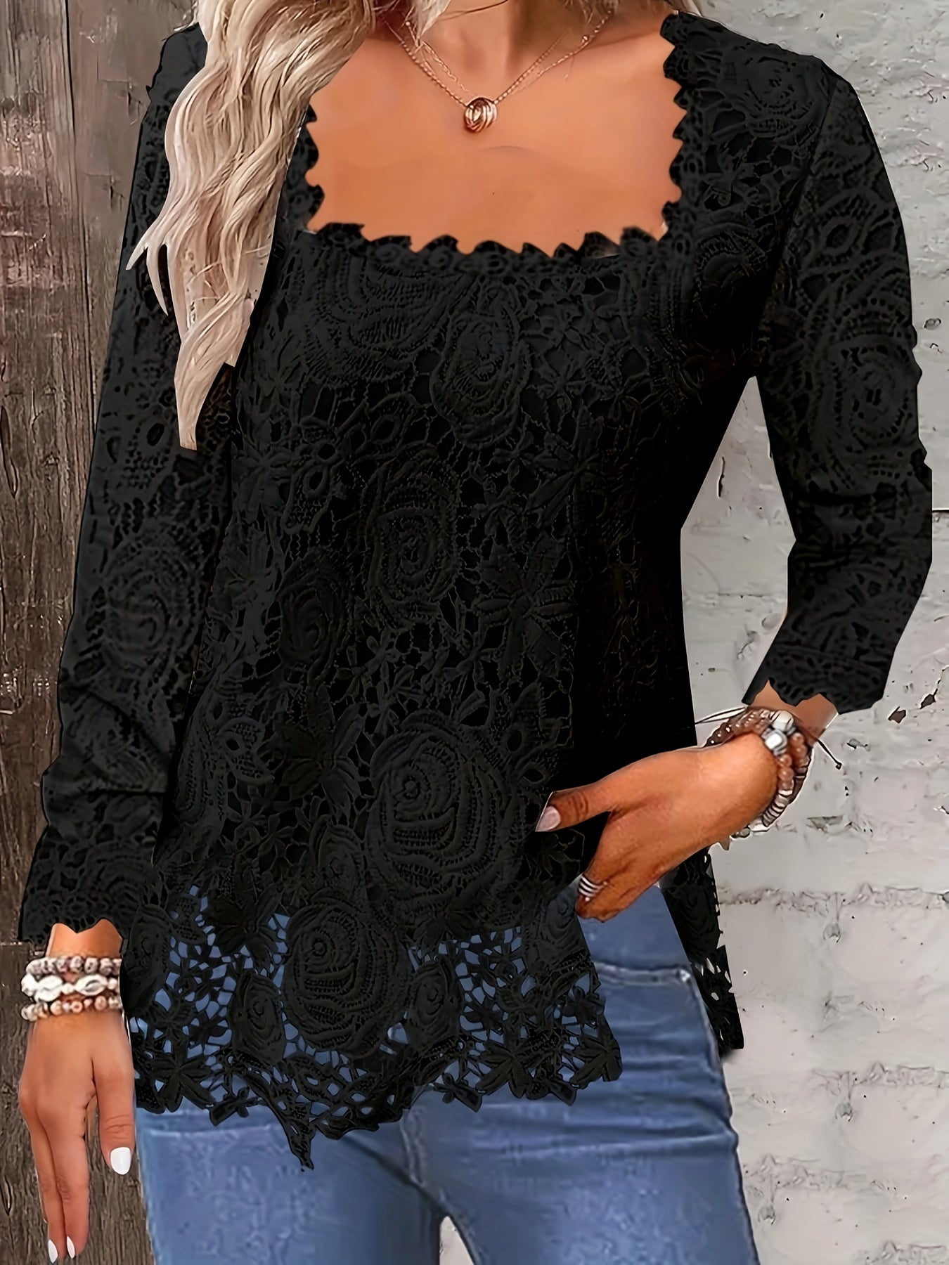 Solid Square Neck Lace T-Shirt, Casual Long Sleeve T-Shirt