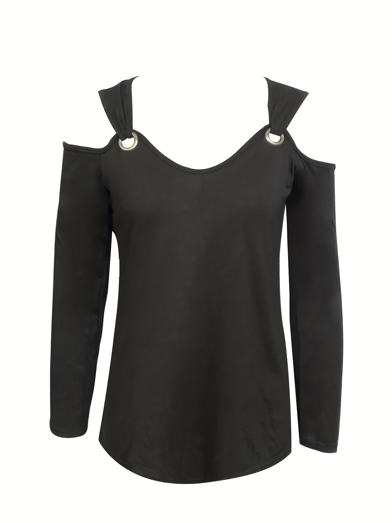 Solid Ring Detail Cold Shoulder T-Shirt, Casual Long Sleeve Top