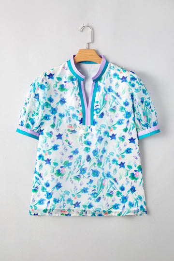 Green Floral Print Colorblock Edge Puff Sleeve Split Neck Plus Size Blouse