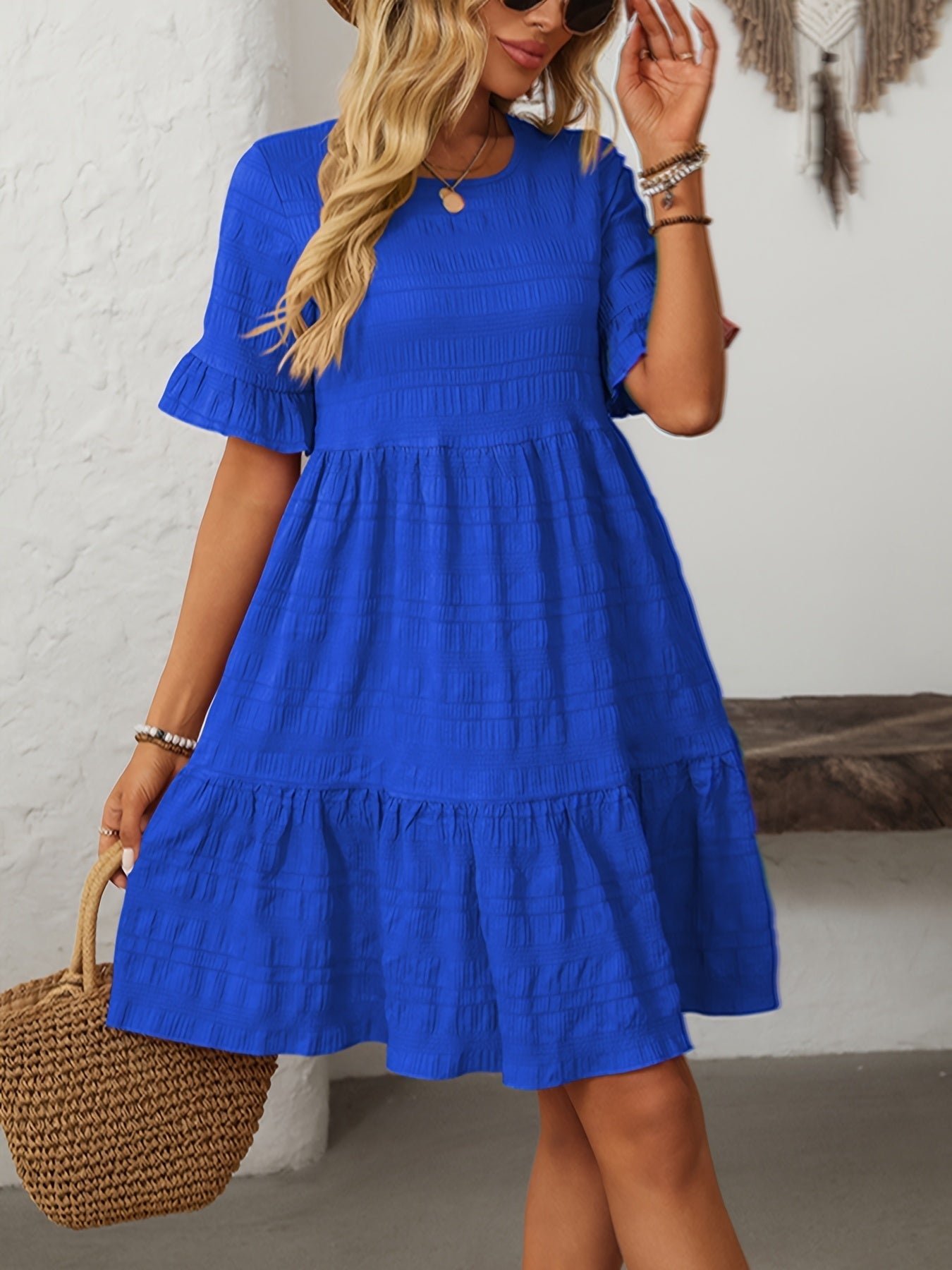 Square Neck Ruffle Detail Knee-Length Casual Short Sleeve Flowy Dress