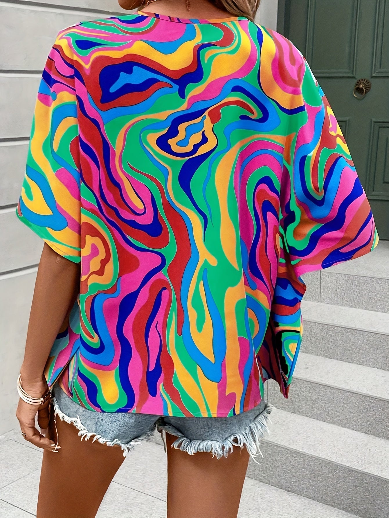 Floral Print V Neck Blouse, Elegant Short Sleeve Top
